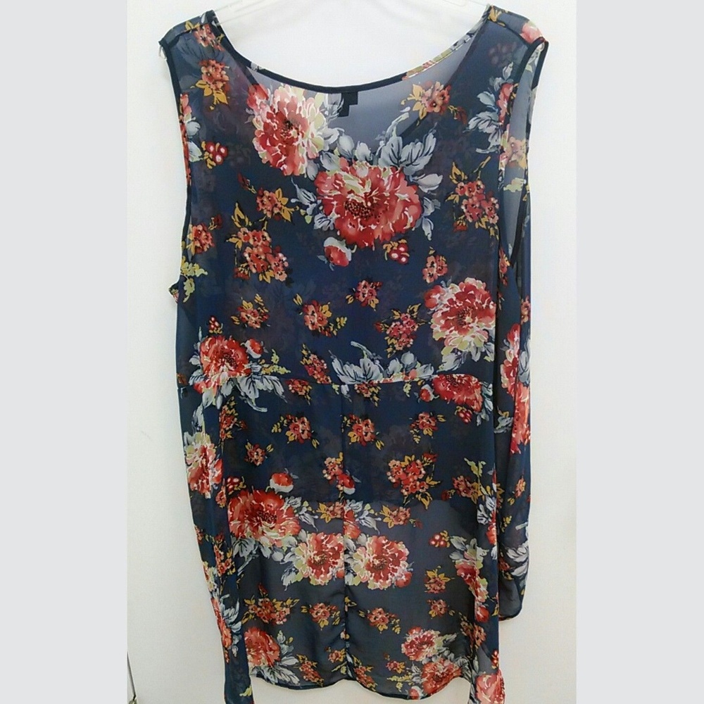 Torrid Tunic Button Down Floral Hi-Lo Red Blue - Picture 2 of 3